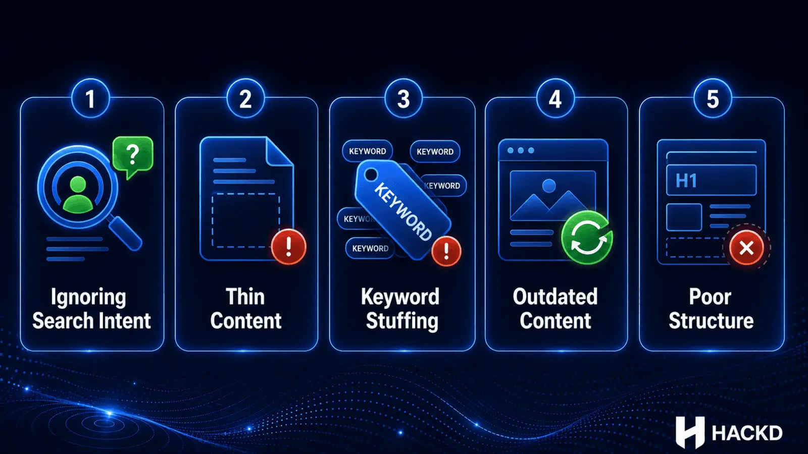 SEO infographic showing content mistakes like thin content, keyword stuffing, outdated pages, poor structure, and intent mismatch