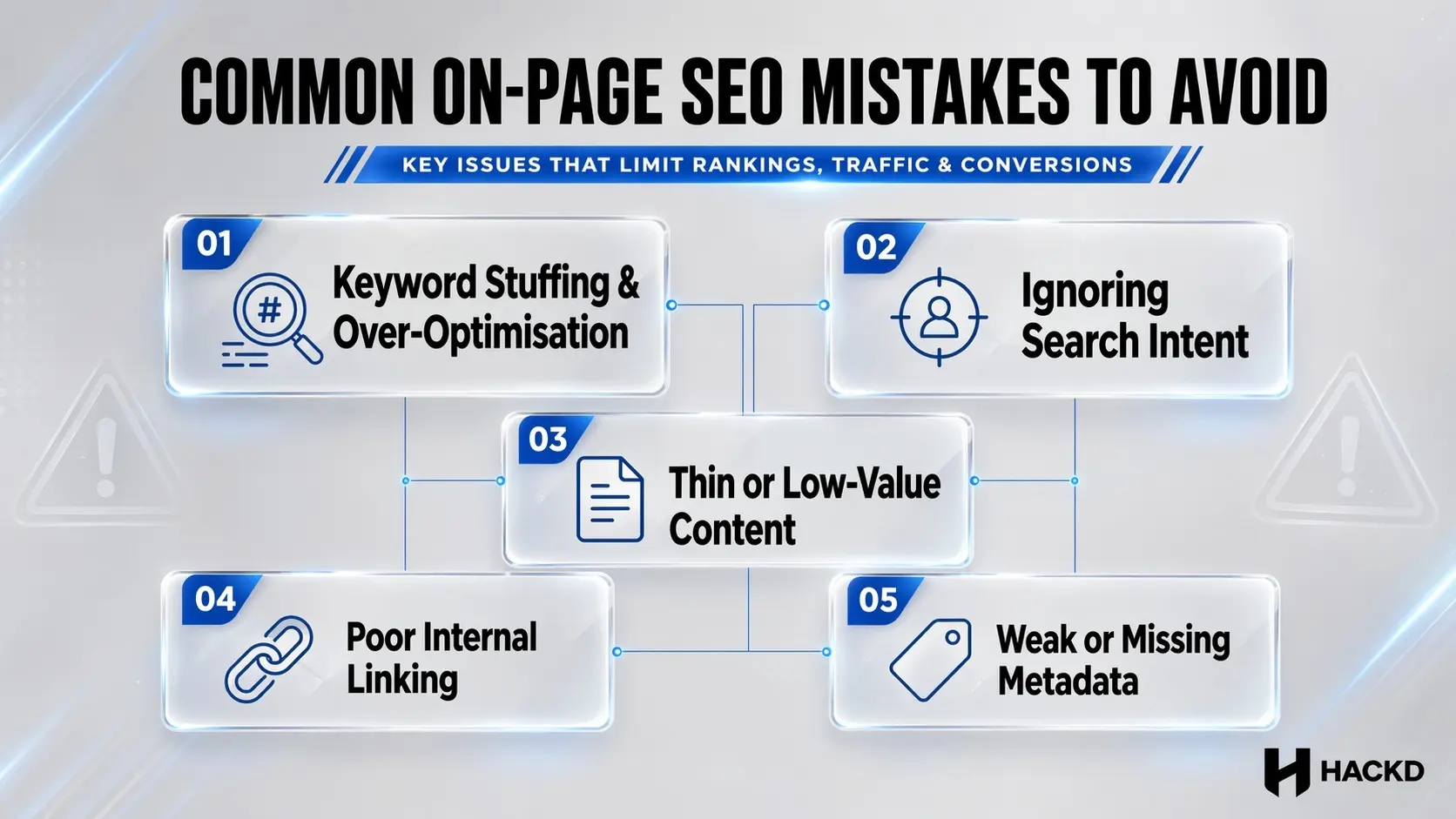 Infographic showing common on-page SEO mistakes including keyword stuffing, thin content, weak linking and metadata.